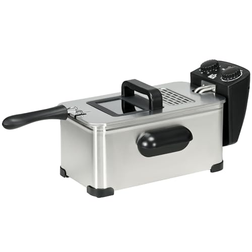 HOMCOM Fritteuse 3L mit Einstellbares Thermostat, Herausnehmbarer Ölbehälter, Staubschutzdeckel inkl. Sichtfenster, 60-Minuten-Timer, Überhitzungsschutz, 2000W, Edelstahl Silber von HOMCOM
