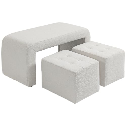 HOMCOM Sitzbank Fußhocker 3 TLG., Sitzhocker, Ottomane mit 3 Hockern, Bettbank mit Knopfheftung, Polsterhocker für Wohnzimmer, Schlafzimmer, Weiß von HOMCOM