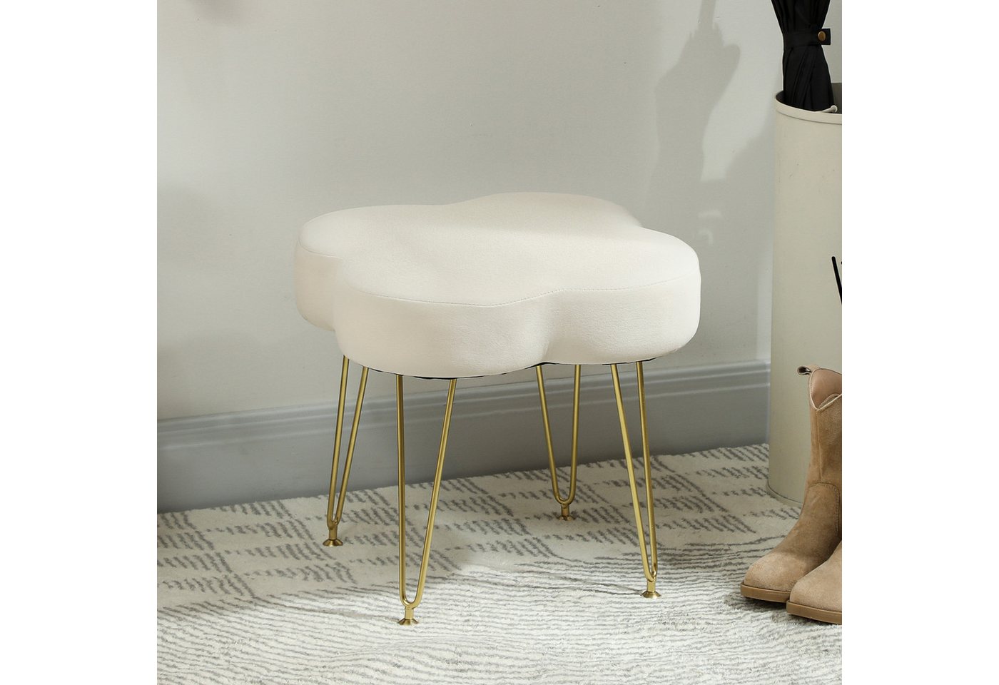 HOMCOM Fußhocker Sitzhocker in Kleeblattform mit Stahlbeinen (Polsterhocker mit Samtoptik, 1 St., Hocker), für Schlafzimmer, Wohnzimmer, Cremeweiß von HOMCOM