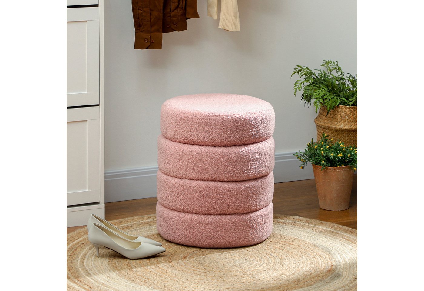 HOMCOM Fußhocker Sitzhocker mit Sitzkissen (Runder Polsterhocker, 1 St., Fußstütze), für Wohnzimmer, Schlafzimmer, Rosa, Ø40 x 45 cm von HOMCOM