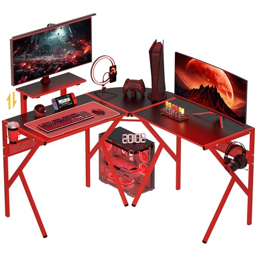 HOMCOM Gaming-Schreibtisch, Eckschreibtisch, Gamer, 125 x 125 cm, L-Form, mit Kohlefaserplatte, Monitorhalterung, Getränkehalter und Kopfhörerhaken, Rot von HOMCOM
