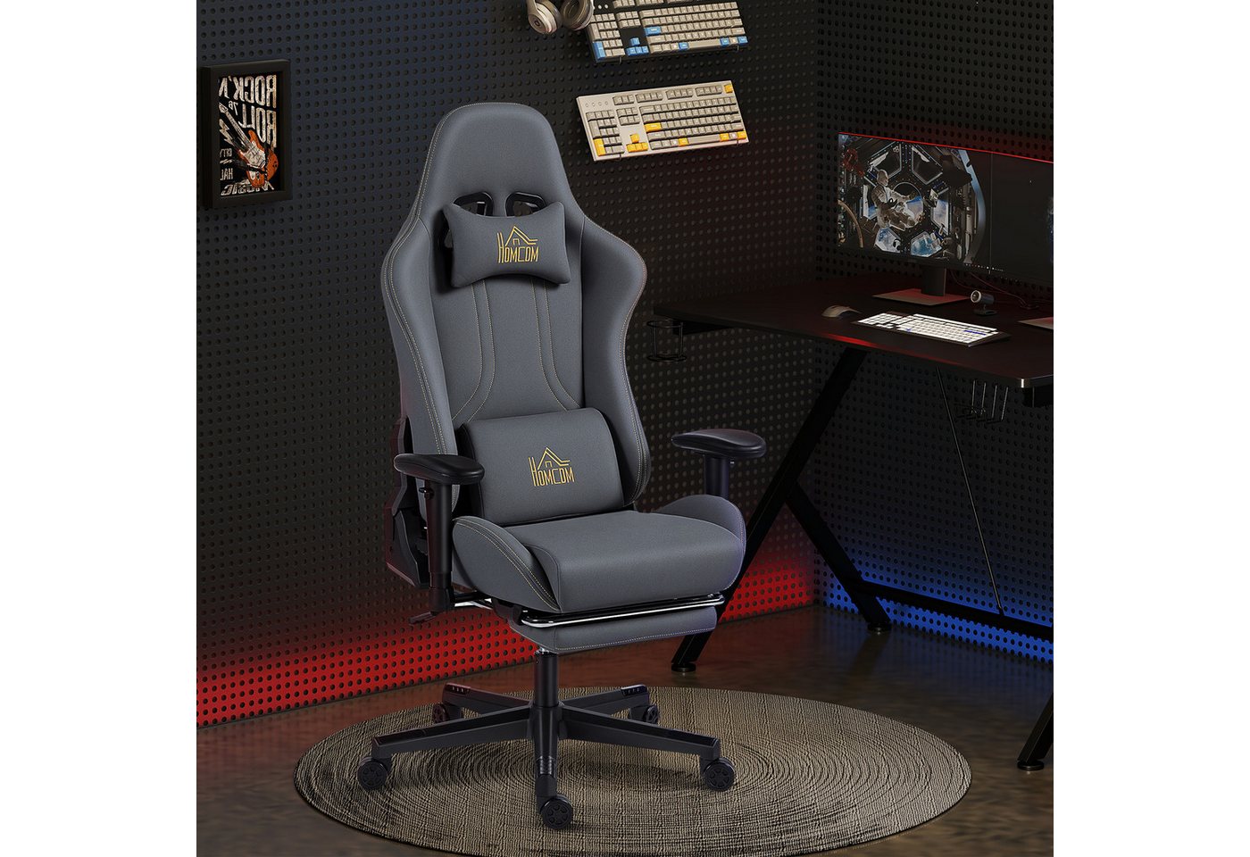 HOMCOM Gaming-Stuhl mit 3D-Armlehnen, rollbarer Schreibtischstuhl mit Lendenstütze (Computerstuhl, 1 St), drehbar, höhenverstellbar, Dunkelgrau von HOMCOM