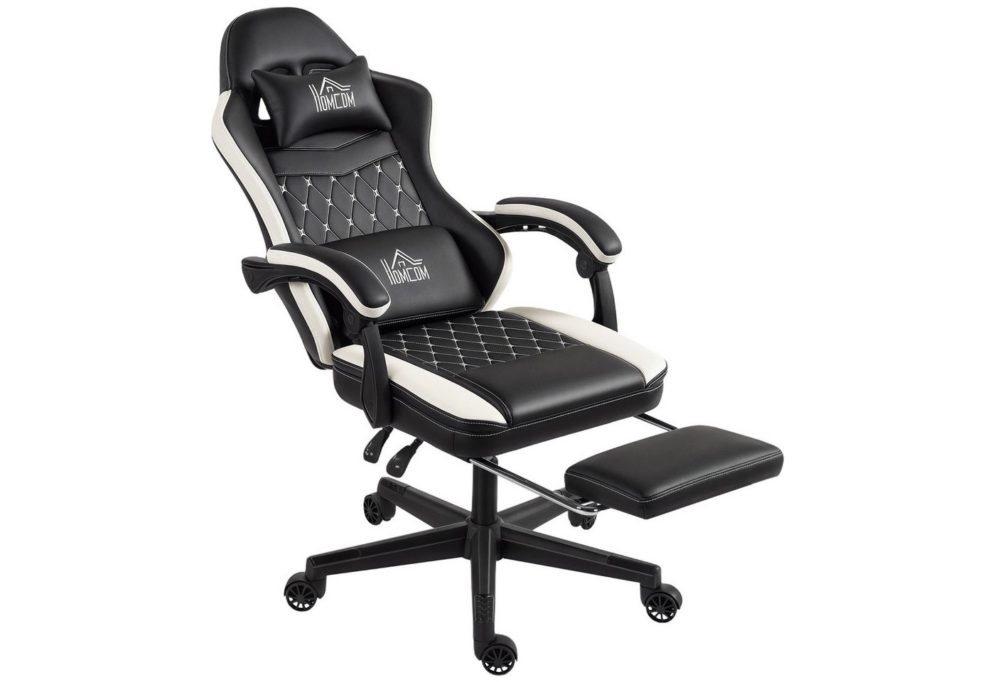 HOMCOM Gaming-Stuhl mit Fußstütze, Rautenförmiges Rückenlehnendesign (Computerstuhl, 1 St), drehbar, höhenverstellbar, Schwarz von HOMCOM