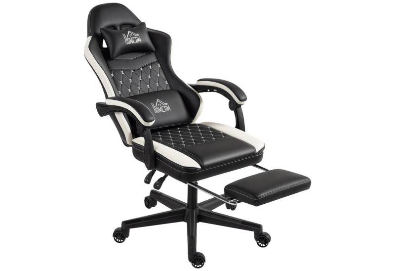 HOMCOM Gaming-Stuhl mit Fußstütze, Rautenförmiges Rückenlehnendesign (Computerstuhl, 1 St), drehbar, höhenverstellbar, Schwarz von HOMCOM