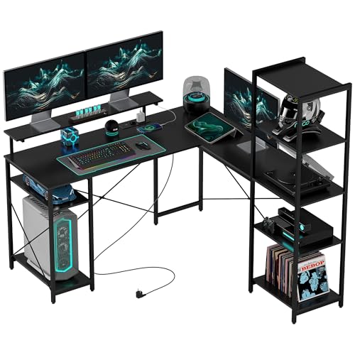 HOMCOM Schreibtisch Gaming Tisch L Form mit Regal, Computertisch mit Monitorständer, Steckdose, USB-Ladeanschluss Eckschreibtisch für Heimbüro, Schlafzimmer, 137 x 140 x 139,5 cm Schwarz von HOMCOM