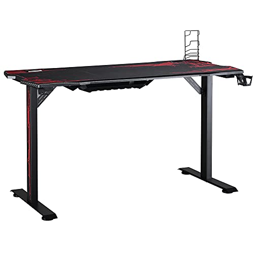 HOMCOM Gaming Tisch Schreibtisch mit Kopfhörerhaken Getränkehalterung Computertisch mit Mauspad MDF Metall Schwarz+Rot 140 x 70 x 77 cm von HOMCOM