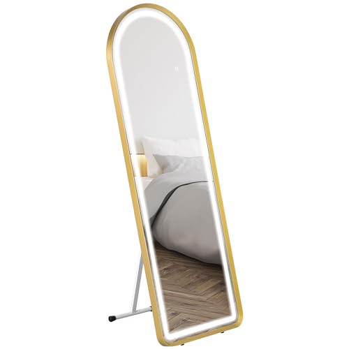 HOMCOM Ganzkörperspiegel, 151,5 x 50 x 4 cm Wandspiegel mit Ständer, Standspiegel mit LED-Leuchte, Dimmbar Garderobenspiegel mit Touch-Schlater, für Wohnzimmer, Schlafzimmer, Gold von HOMCOM