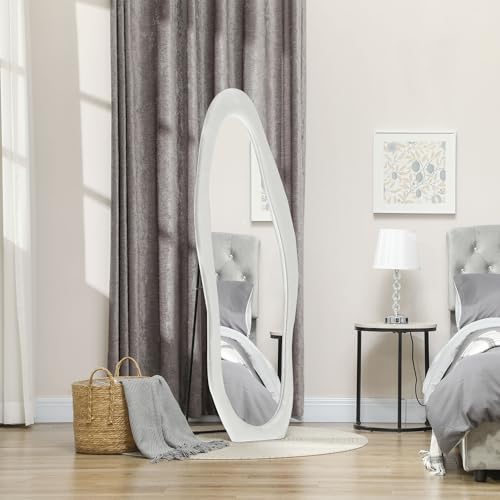 HOMCOM Ganzkörperspiegel, 160 x 50 cm unregelmäßiger gewellter Standspiegel mit samtartiger Rahmenbezug, Groß Wandspiegel, Ankleidespiegel für Wohnzimmer, Schlafzimmer, Garderobe, Flur, Weiß von HOMCOM