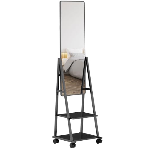 HOMCOM Ganzkörperspiegel, 42 x 155 cm Standspiegel mit Ablage, Stehspiegel mit Rolle, Bodenspiegel für Schlafzimmer, Wohnzimmer, Schwarz von HOMCOM