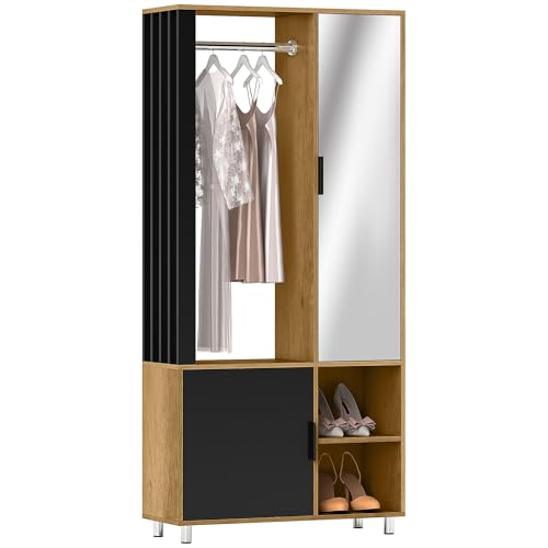 HOMCOM Garderobe Set mit Spiegel, Kompaktgarderobe mit Kleiderstange, Schuhschrank und Fächer, Flurgarderobe Set 80 x 30 x 175 cm, Naturholz von HOMCOM