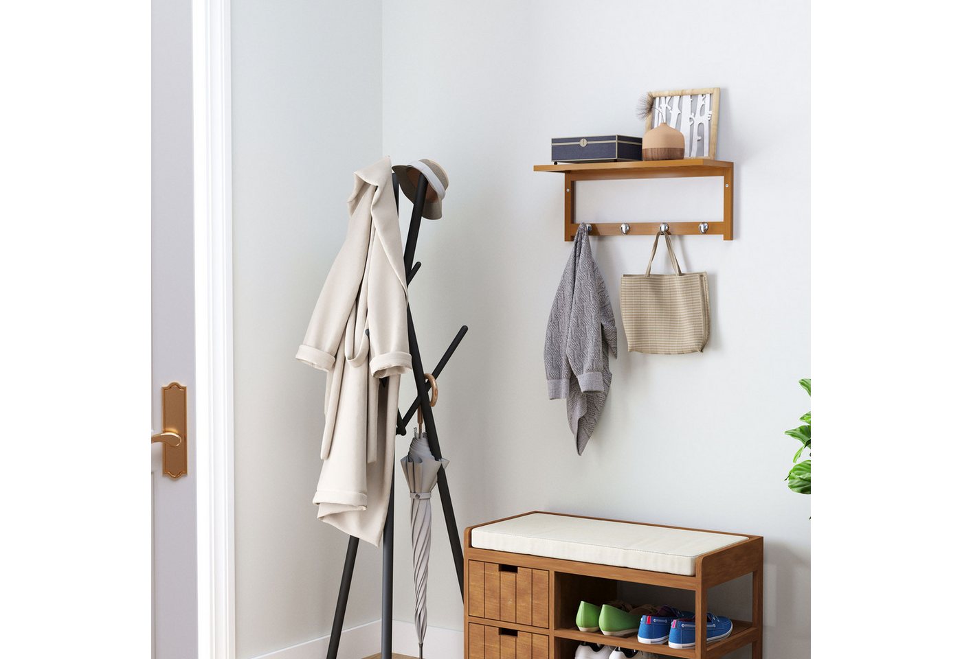 HOMCOM Garderobenleiste mit 4 Haken (Wandgarderobe, 1 St., Handtuchhalter), Platzsparend, vielseitig einsetzbar, Naturholz von HOMCOM