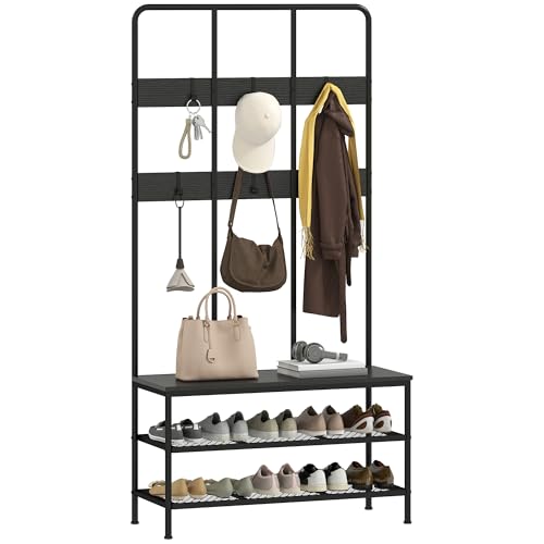 HOMCOM Garderobenständer, Kleiderständer mit Schuhbank, Garderobe mit 6 Haken, Jackenständer für Eingangsbereich, Flur, Schlafzimmer, Schwarz, 91 x 36 x 180 cm von HOMCOM