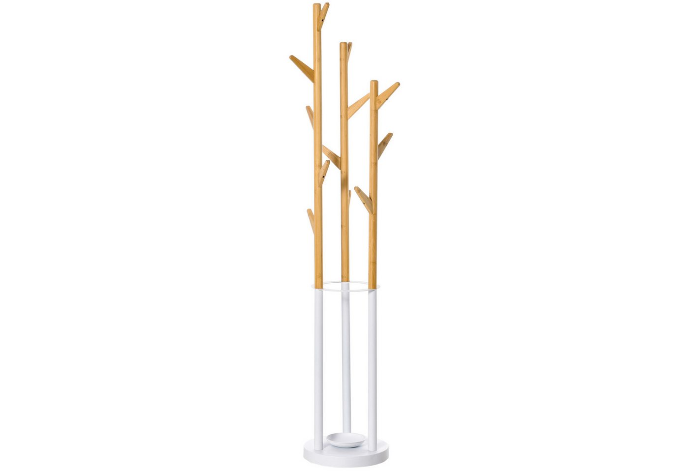 HOMCOM Garderobenständer Kleiderständer mit 12 Haken, (Standgarderobe, 1 St., Schirmständer), Metall Bambus Natur+Weiß 30,5 x 30,5 x 174,5 cm von HOMCOM