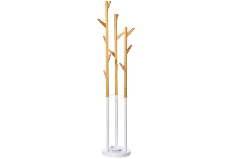HOMCOM Garderobenständer Kleiderständer mit 12 Haken, (Standgarderobe, 1 St., Schirmständer), Metall Bambus Natur+Weiß 30,5 x 30,5 x 174,5 cm von HOMCOM