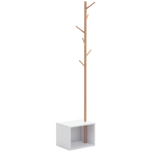 HOMCOM Garderobenständer Kleiderhaken Garderobe mit Sitzbank + Stauraum Baum-Design Zweige 6 Haken MDF + Bambus Weiß + Natur 40 x 30 x 180 cm von HOMCOM