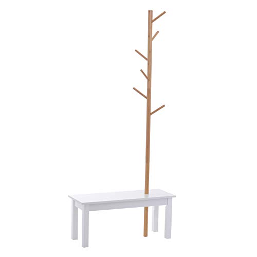 HOMCOM Garderobenständer Kleiderhaken Garderobe mit Sitzbank Baum-Design Zweige 6 Haken Eingangsbereich MDF + Bambus Weiß + Natur 80 x 30 x 180 cm von HOMCOM