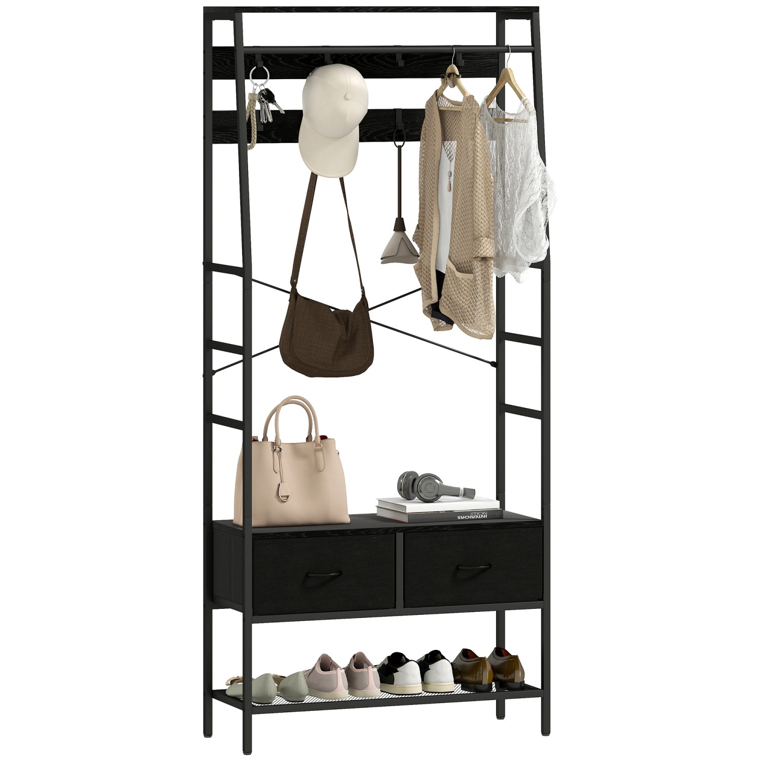 HOMCOM Garderobenständer Spanplatte Stahl 80L x 30B x 180,5H cm Schwarz von HOMCOM