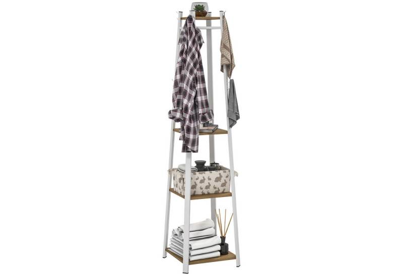 HOMCOM Garderobenständer freistehender Kleiderständer mit Stauraum, 8 Haken, 3 Regal, (Jackenständer für Schlafzimmer, Eingangsbereich, 1 St., 34 x 34 x 170 cm), Eiche, Weiß von HOMCOM