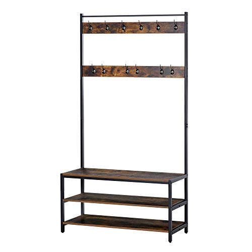 HOMCOM Garderobenständer mit 12 Haken und Schuhregal Kleiderständer Wandgarderobe Stahl Braun+Schwarz 100 x 40 x 184 cm von HOMCOM