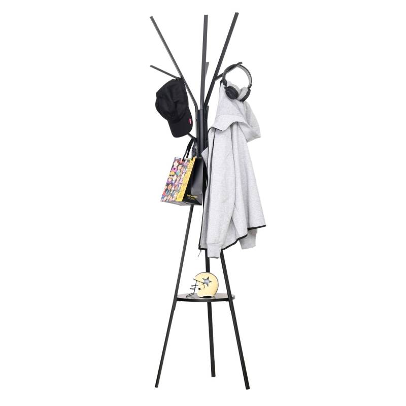HOMCOM Garderobenständer mit 8 Haken & Ablage Metall Schwarz 45 x 45 x 180 cm von HOMCOM