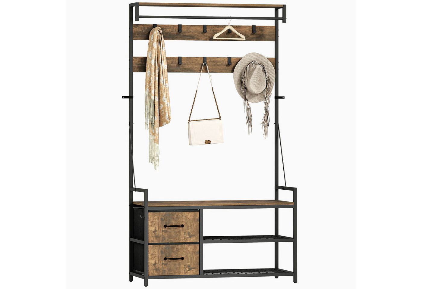 HOMCOM Garderobenständer mit Sitzbank und Schuhregal, Industrie-Stil, (Kleidungsständer, 1 St., Garderobe), für Eingangsbereich, Schlafzimmer, Braun+Schwarz von HOMCOM