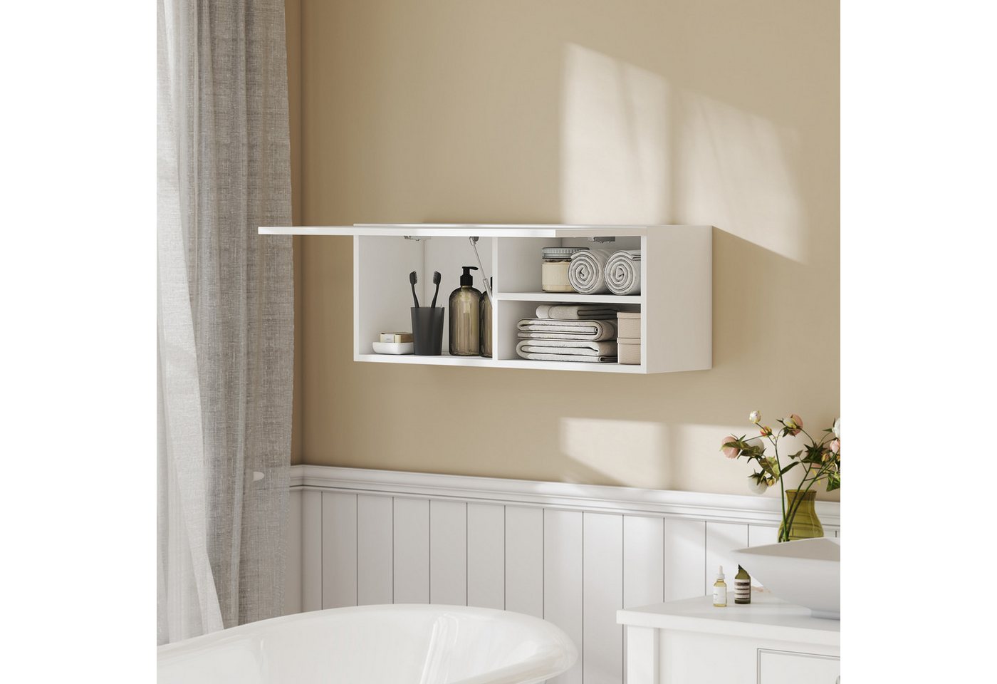 HOMCOM Hängeschrank mit Klapptür (Wandschrank, 1-St., Badezimmerschrank) mit nach oben klappbarer Tür, Gasdruckfeder, Einlegeboden, Weiß von HOMCOM