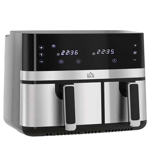 HOMCOM Heißluftfritteuse 8,5L Fritteuse mit Doppelkammer, 8 in 1 Rezeptur, Airfryer mit Antihaftbeschichtung, Touchscreen, Smart und Timer-Funktion, ohne Öl, Schwarz von HOMCOM