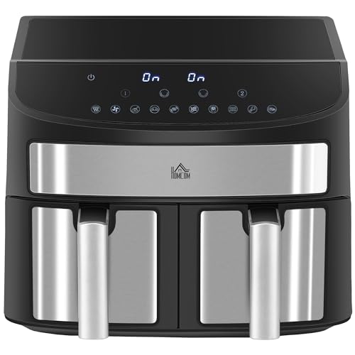 HOMCOM Heißluftfritteuse 8L Fritteuse mit Doppelkammer, Airfryer mit 10 Programmen, 2400 W Luftfritteuse mit Touchscreen, Rezeptur, ohne Öl, Schwarz von HOMCOM
