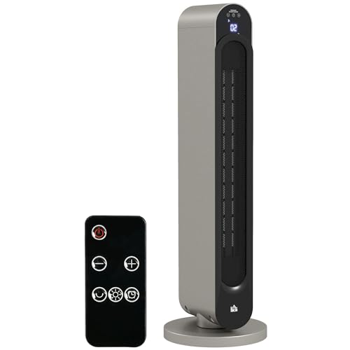 HOMCOM Heizgerät Heizlüfter 2200W Keramik Elektroheizer Heizturm mit 3 Modi, Fernbedienung 12-Stunden-Timer Oszillation LED Anzeige Heizung Silber 25 x 25 x 73,5 cm von HOMCOM