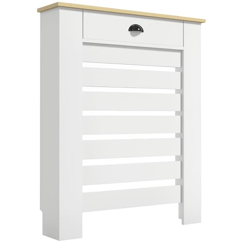 HOMCOM Heizkörperabdeckung, Heizkörperblende, horizontaler Lattenrost, mit Schublade, für Wohnzimmer, Schlafzimmer, Flur, aus Holz, 78 x 19 x 95,5 cm, weiß von HOMCOM