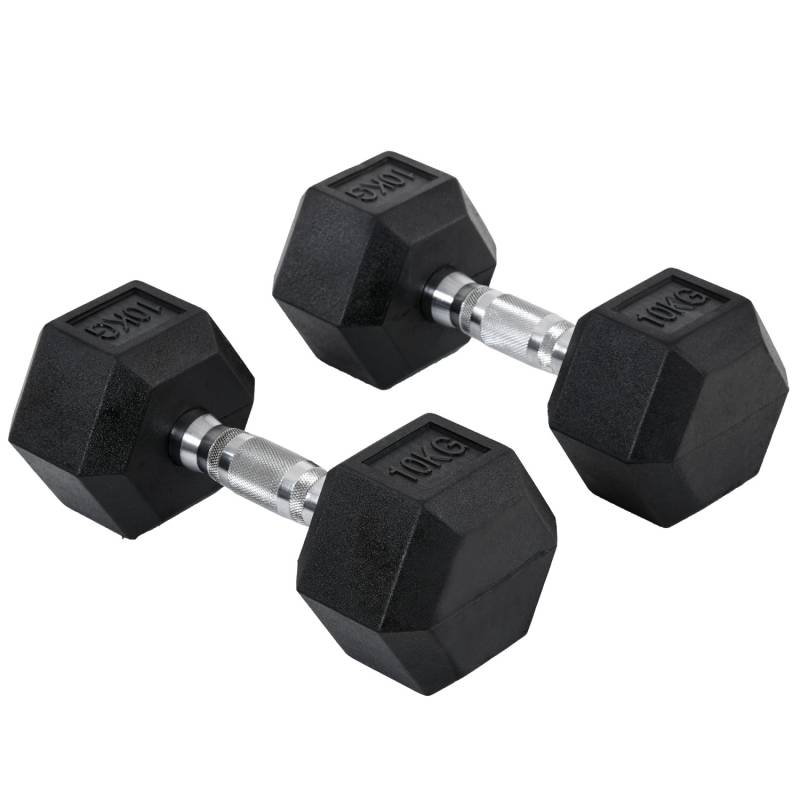 HOMCOM Hexagon Gummi-Hantel Griff Gerändelt Gewichte Metall Gummi Schwarz 2x10Kg von HOMCOM