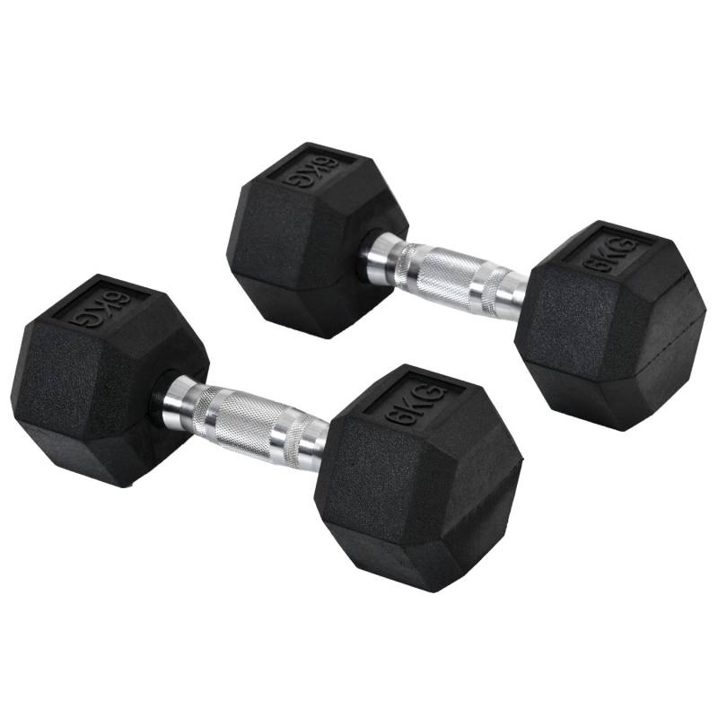 HOMCOM Hexagon Gummi-Hantel Griff Gerändelt Gewichte Metall Gummi Schwarz 2x6Kg von HOMCOM