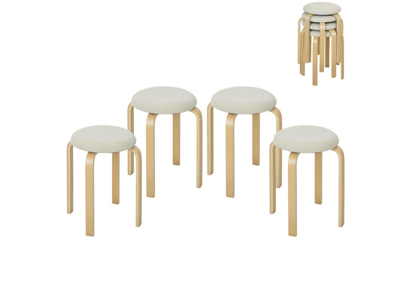 HOMCOM Hocker Stapelhocker Rückenlehnenlose Stapelstühle mit gepolsterter Sitzfläche (Runde Küchenhocker für Esszimmer, Wohnzimmer, 4 St., 40 x 40 x 45 cm), Cremeweiß von HOMCOM