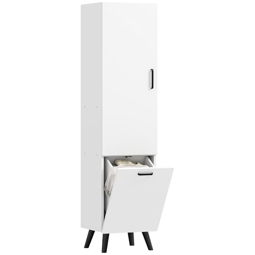 HOMCOM Hoher Badezimmerschrank mit Wäschekorb Schmaler Badezimmerunterschrank mit Tür und Einlegeböden Küchenschrank 35x31,5x144 cm Weiß von HOMCOM