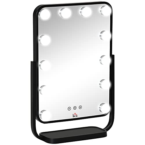 HOMCOM Hollywood Makeup Spiegel, Schminkspiegel mit 12 Dimmer-LED-Leuchten,12W Kosmetikspiegel mit 3 Lichtfarben, Touch-Steuerung für Schlafzimmer 32,8 x 11 x 47,4 cm von HOMCOM