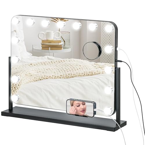 HOMCOM Hollywood Spiegel mit Beleuchtung 62,5x52 cm 360°Drehbar Schminkspiegel mit 15 LED Licht 3 Lichtfarben USB-Ladeanschluss Handyhalterung Touchschalter, Kosmetikspiegel 10X Vergrößerung Schwarz von HOMCOM