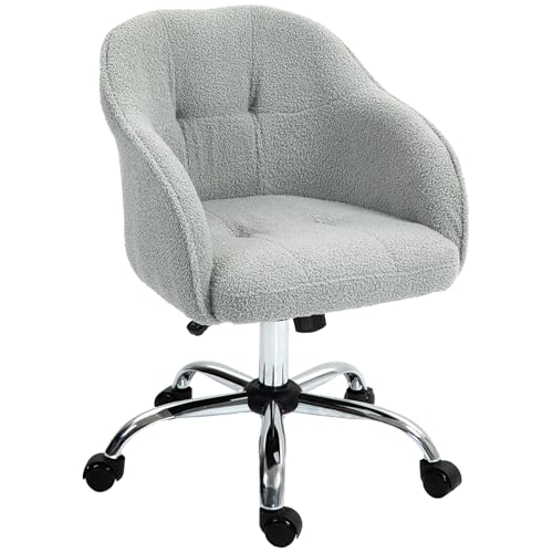 HOMCOM Homeoffice Stuhl, Ergonomisch Schreibtischstuhl Drehstuhl Höhenverstellbarer Bürostuhl mit Wippfunktion, Teddysamtoptik, Schminkstuhl für Schlafzimmer, Arbeitszimmer, Grau von HOMCOM
