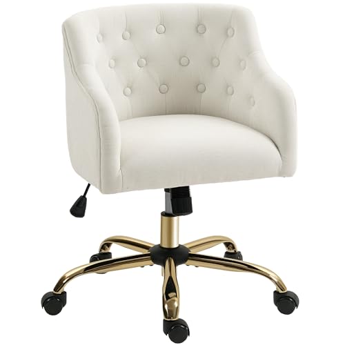 HOMCOM Homeoffice Stuhl, Schreibtischstuhl Drehstuhl Höhenverstellbarer Bürostuhl mit Wippfunktion, Leinenoptik, Schminkstuhl für Schlafzimmer, Arbeitszimmer, Beige von HOMCOM