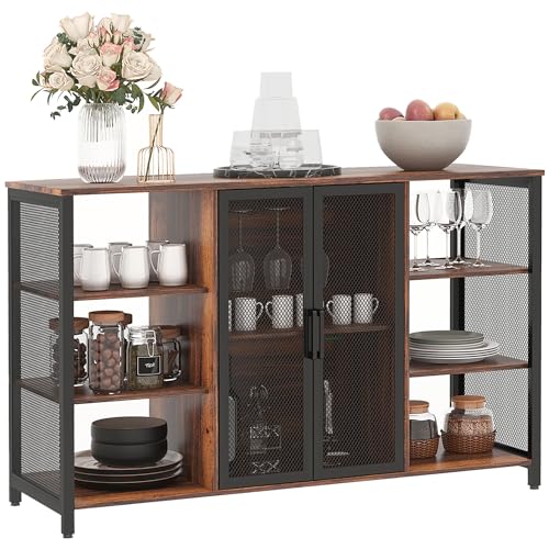 HOMCOM Industrielle Küchenanrichte Buffet Anrichte mit 6 offenen Regalen Glashalter und verstellbarem Regal für Bar Esszimmer 120x40x76 cm Rustikales Braun von HOMCOM