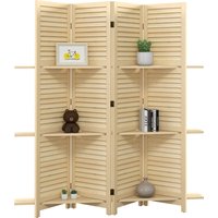 HOMCOM Innenraum-Paravent 4 Paneelen 160L x 170H cm 3 Regale faltbarer Raumteiler mit Lamellentüren aus Paulownia-Holz natur   Aosom von HOMCOM