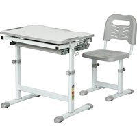 HOMCOM Kinder-Schreibtisch mit Stuhl, Kinder-Schreibtisch und Stuhl-Set mit höhenverstellbar, bis zu 45 ° neigbarer Tischplatte, Schublade, Stifthalter und Haken - in Stahl Grau Weiß   Aosom von HOMCOM