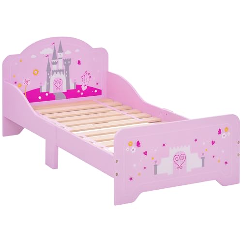 HOMCOM Kinderbett - Kinderbett Princess Design Schlossmotiv - Inklusive Lattenrost - MDF Sperrholz Rosa von HOMCOM