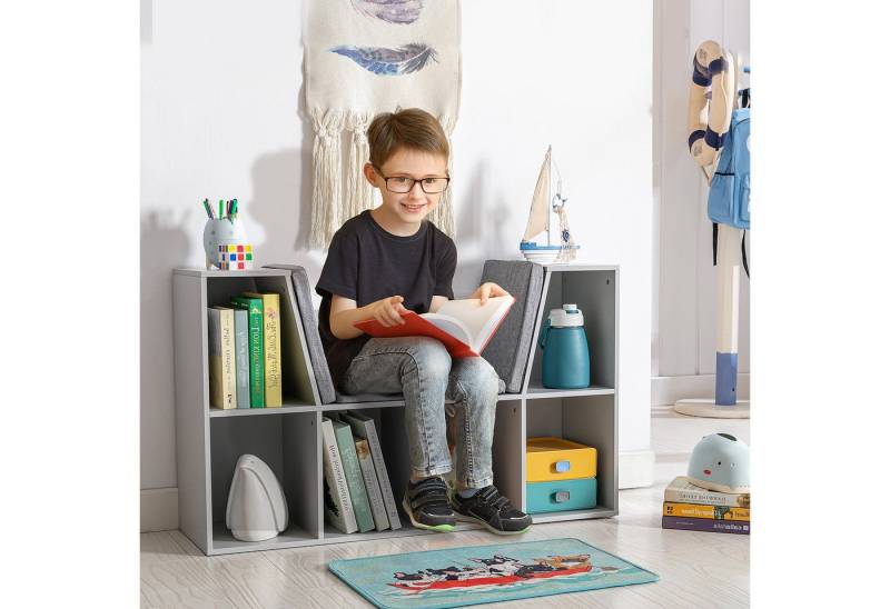 HOMCOM Kinderregal, Bücherregal mit Sitzhocker 1-tlg., mit 6 Fächern, 3 Kissen, für Kinderzimmer, Wohnzimmer, Grau von HOMCOM