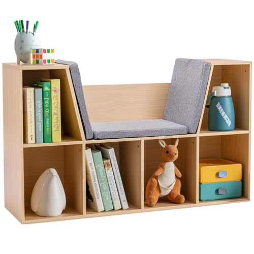 HOMCOM Bücherregal Kinder Kinderregal mit Sitzhocker 6 Fächern 3 Kissen Spielzeugregal Kinderbücherregal Spielzeug-Organizer für Spielzimmer Kinderzimmer 103 x 30 x 62 cm Grau+Natur von HOMCOM