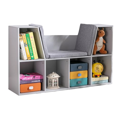 HOMCOM Kinderregal Bücherregal mit Sitzhocker Kindersitzbank mit 6 Fächern Sitztruhe mit 3 Kissen Spielzeugkiste ab 3 Jahren Grau 103 x 30 x 62 cm von HOMCOM