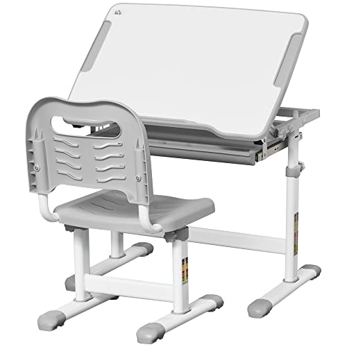 HOMCOM Kinderschreibtisch mit Stuhl, Set aus Schreibtisch und Stuhl für Kinder, mit höhenverstellbar, neigbare Tischplatte 45°, ausziehbare Schublade, Platz für Stift und Haken – aus Stahl, grau/weiß HOMCOM Kinderschreibtisch mit Stuhl, Set aus Schreibtisch und Stuhl für Kinder, mit höhenverstellbar, neigbare Tischplatte 45°, ausziehbare Schublade, Platz für Stift und Haken – aus Stahl, grau/weiß von HOMCOM