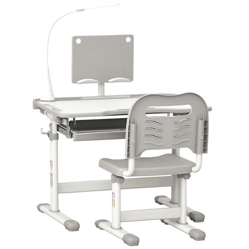 HOMCOM Kinderstuhl und Schreibtisch Set mit LED Lampe, Höhenverstellbar, Studientisch und Stuhl für Kinder, geneigte Tablett, Leseständer, Stiftebox, Schublade und Getränkehalter, Grau von HOMCOM