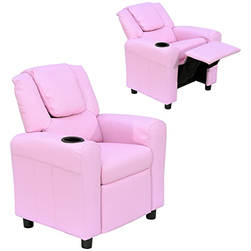 HOMCOM Kindersessel, Minisessel, Kindersofa für 3-6 Jahre alt, Liegefunktion, Eingebauten Becherhalter, Rosa, 62 x 56 x 69 cm von HOMCOM