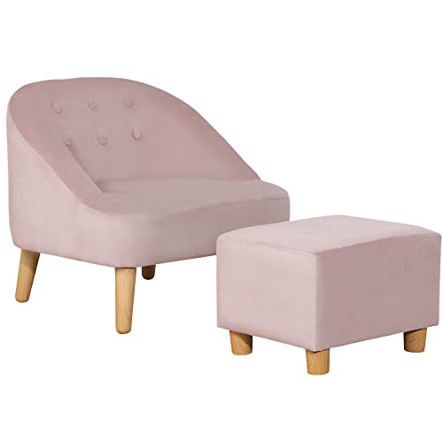 HOMCOM Kindersessel Kindersofa mit Fußhocker Kindercouch ab 3 Jahren Kindermöbel Kinderzimmer Samtoptik Eukalyptusholz Rosa 51 x 51 x 50 cm von HOMCOM