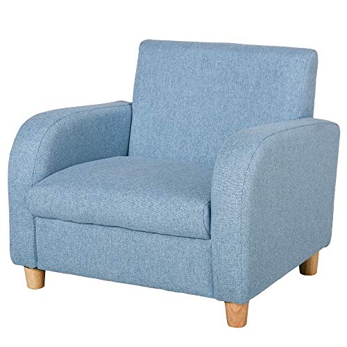 HOMCOM Kindersessel Kindersofa mit dickem Schaumstoff und dicken Sitzkissen Kindercouch Stuhl Liegesofa mit Anti-Rutsch-Füßen für 3-5 Jahre Kinder Holz Leinen Schaumstoff Blau 49x45x44,5 cm von HOMCOM